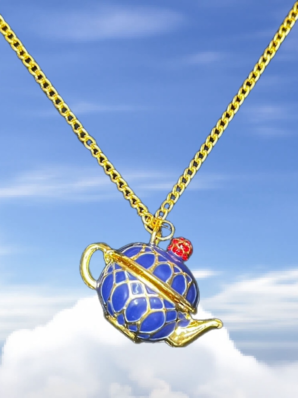 Gold-Tone Blue Enamel Teapot Pendant Necklace